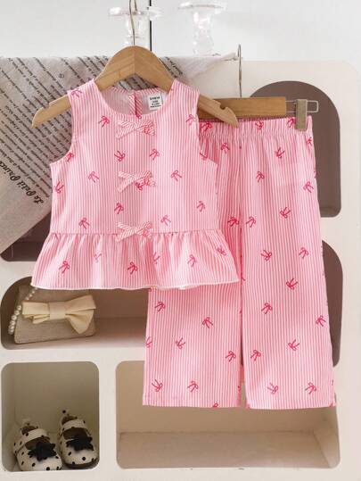 SHEIN Playful Pals 女宝宝夏季休闲韩版圆领无袖条纹蝴蝶结装饰荷叶边下摆上衣和条纹蝴蝶结直筒裤套装