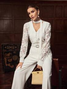 ZEYLAH Set elegant de 2 piese, top și pantaloni din dantelă, culoare uni, model patchwork - alb - Vizualizare 6