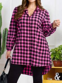 EMERY ROSE Chaqueta de manga larga con estampado de cuadros holgada y casual para mujer de talla grande, para uso diario en otoño e invierno - Rosa Fucsia - Ver 4