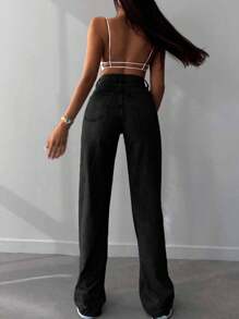 SHEIN Tall Tall High Waist Raw Hem Wideleg Jean - Hitam - View 2