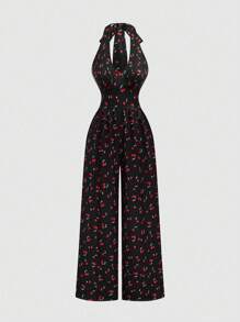 SHEIN PETITE Plus Size Cherry Print Casual Halter Jumpsuit