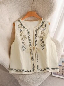 CosyJoli 大码刺绣装饰系带无袖圆领休闲背心夹克 - 杏色 - 查看 5