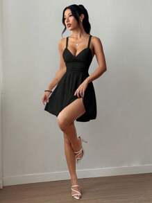 Breezaya Váy ngắn chữ A dệt kim nhún eo gợi cảm và thanh lịch cho nữ - màu đen - Xem 5