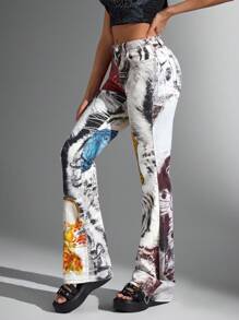 Jeanoix Jeans de mujer vaqueros informales con estampado de moda callejera vintage