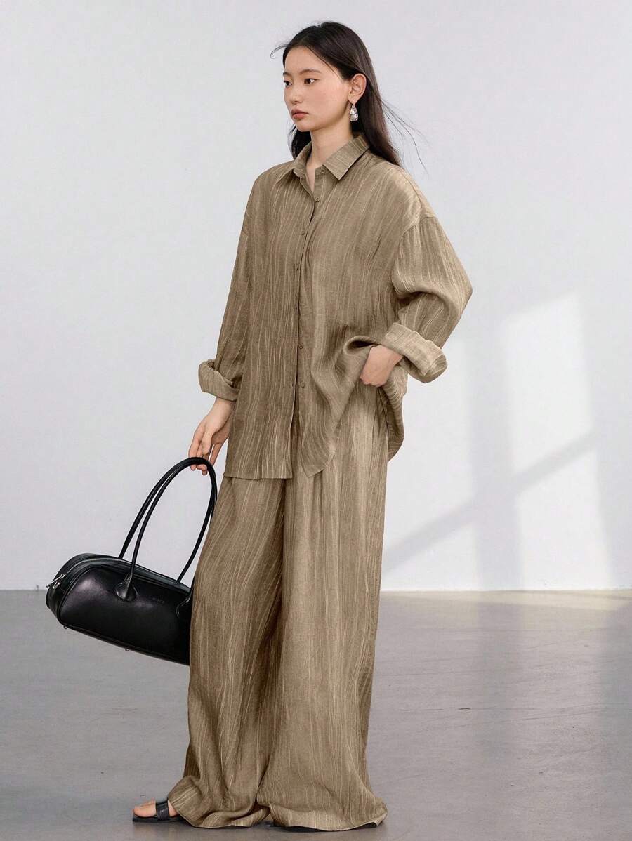 Dazy-Less Bộ 2 món đồ nữ dáng rộng, chất liệu chiffon, thích hợp mặc đi làm, trang phục công sở mùa thu, đồ mặc nhà cho nữ. - Màu Cam san hô - Xem 1