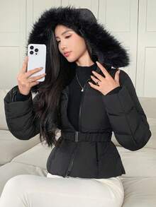 DAZY Women's Autumn/Winter Fitted Padded Coat With Furry Collar And Waist Drawstring Jacket - Black - View 3