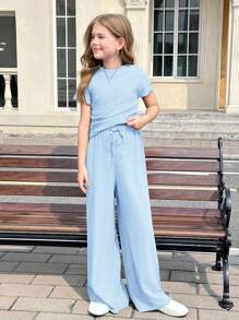 SHEIN 青少年女孩两件套：纯色纹理针织立领修身短袖 T 恤和阔腿裤 - 藍色 - 查看 7