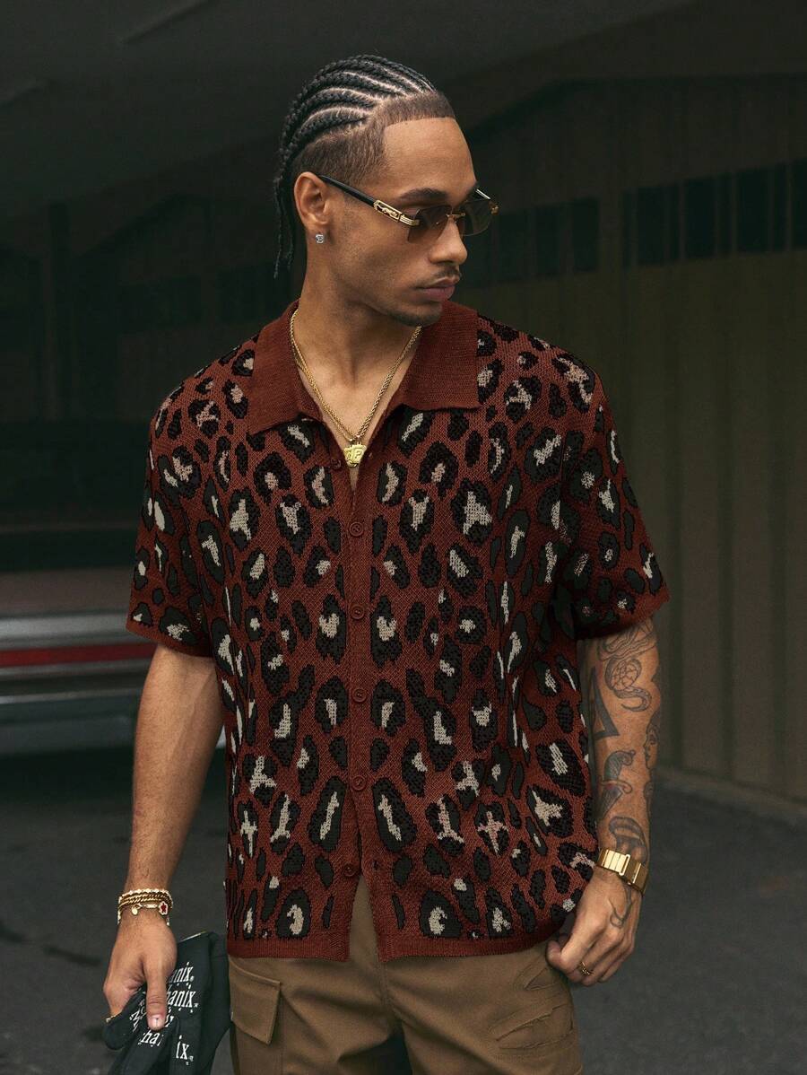 AXEPEAK 时尚街头风格男士翻领短袖宽松针织衬衫 - 彩色 - 查看 1