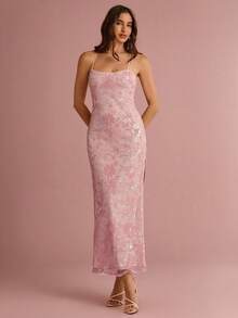 Enchnt Spring/Summer Romantic Women's Sequin Floral Embroidery Spaghetti Strap Fitted Maxi Dress,Chic&Elegant For Party&Date&Holiday&Graduation&Going Out - Pink - View 5