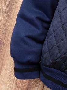 SHEIN Boys' Padded Quilted Letter Bomber Jacket Chic Outfits For Autumn/Winter Fall - Navy Blue - View 3
