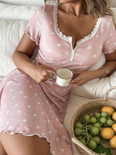 CottageSlumber Kanten Patchwork Square Neck Button Crown Heart Ditsy Bloemen Knit Short Sleeve Night Dress Pyjama Sleepwear Women Pajama Sets Curve Set Coffee Bountiful Splendor Cozy Elegante