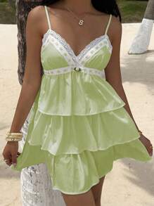 Sunnyshic Women's Vacation Casual Lace Trim Ruffle Hem Cami Mini Dress - Green - View 6
