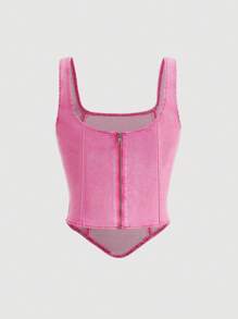 SHEIN MOD 女士纯色牛仔吊带背心，简约时尚 - 粉色 - 查看 2