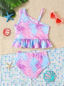 2pcs Girls' Swimwear Set: Mermaid Scale Print Ruffled Spaghetti Strap Swimsuit Top And Mermaid Scale Print Triangle Bikini Bottom, Perfect For Summer Beach Holiday - Multicolor - View 2