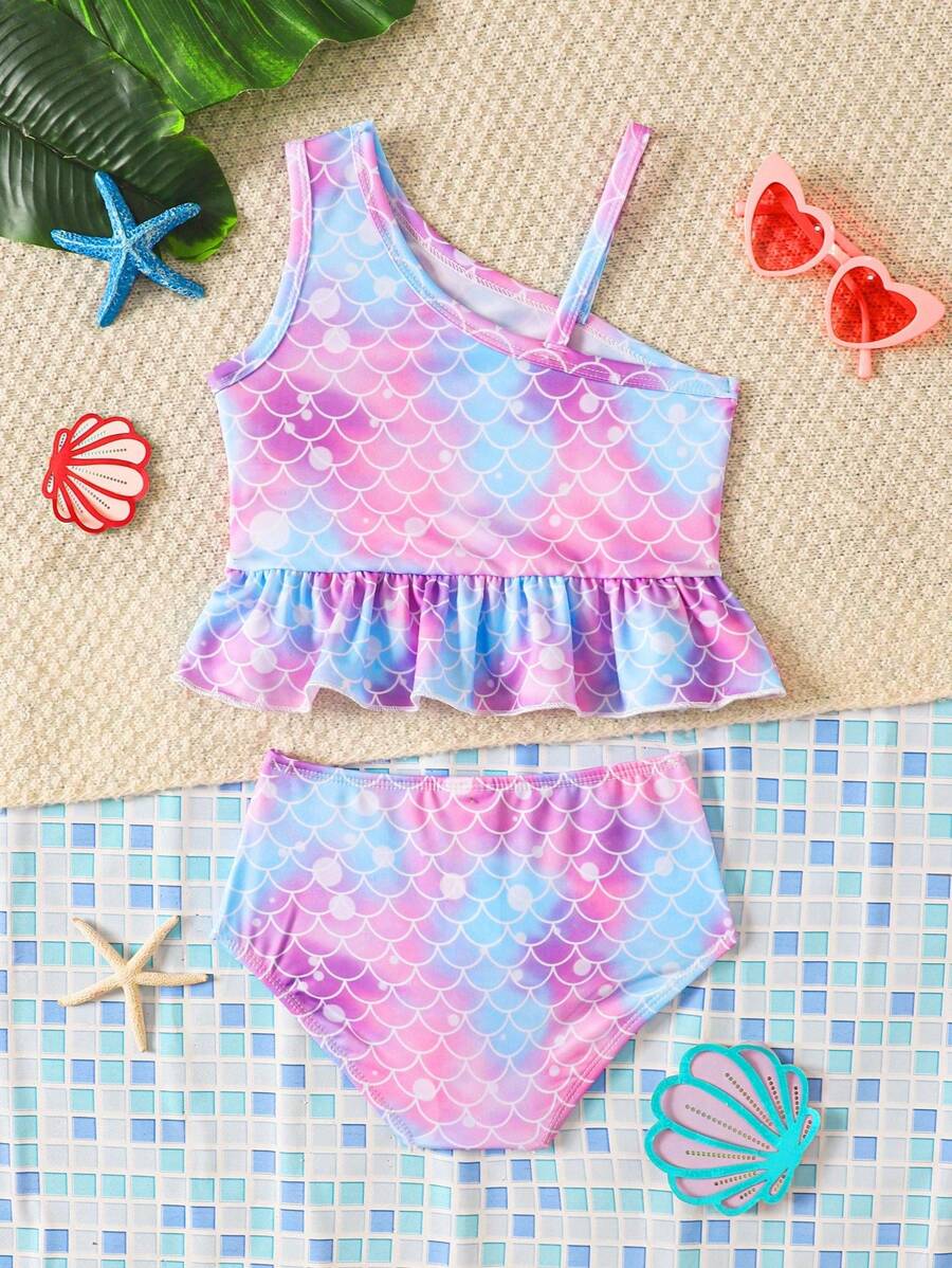 Bộ đồ bơi 2 món cho bé gái: Áo bơi hai dây nhún bèo in họa tiết vảy tiên cá và quần bikini tam giác in họa tiết vảy tiên cá, hoàn hảo cho kỳ nghỉ hè trên bãi biển - Nhiều màu - Xem 1