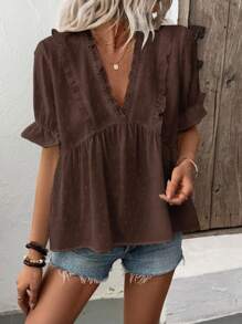 SHEIN Tall Blusa de mujer con escote en V profundo, mangas abullonadas y detalle de abertura - Marrón - Ver 5