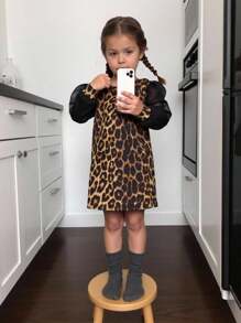 Emery Rose Kids Emery Rose Kids Rochie de fetiță, casual, minimalistă, confortabilă, cu guler înalt, mâneci raglan, cu imprimeu leopard - Negru - Vizualizare 9