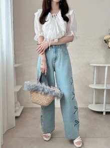 FRIFUL Blusa suelta de 3/4 de manga con volantes en patchwork y lazo cruzado, dulce para primavera y verano para mujer - Blanco - Ver 3