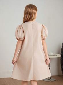 SHEIN Leap Crew Tween Girls Casual Loose Fit Colorblock Patchwork Decorative Bowknot Bubble Sleeve A-Line Dress - Multicolor - View 2