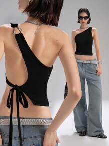 LYSMO 2025年夏季新款女士不对称露背单肩修身上衣，金属环细节和侧系带设计。完美契合辣妹风格、极简日常穿着和前卫休闲时尚。 - 黑色 - 查看 3