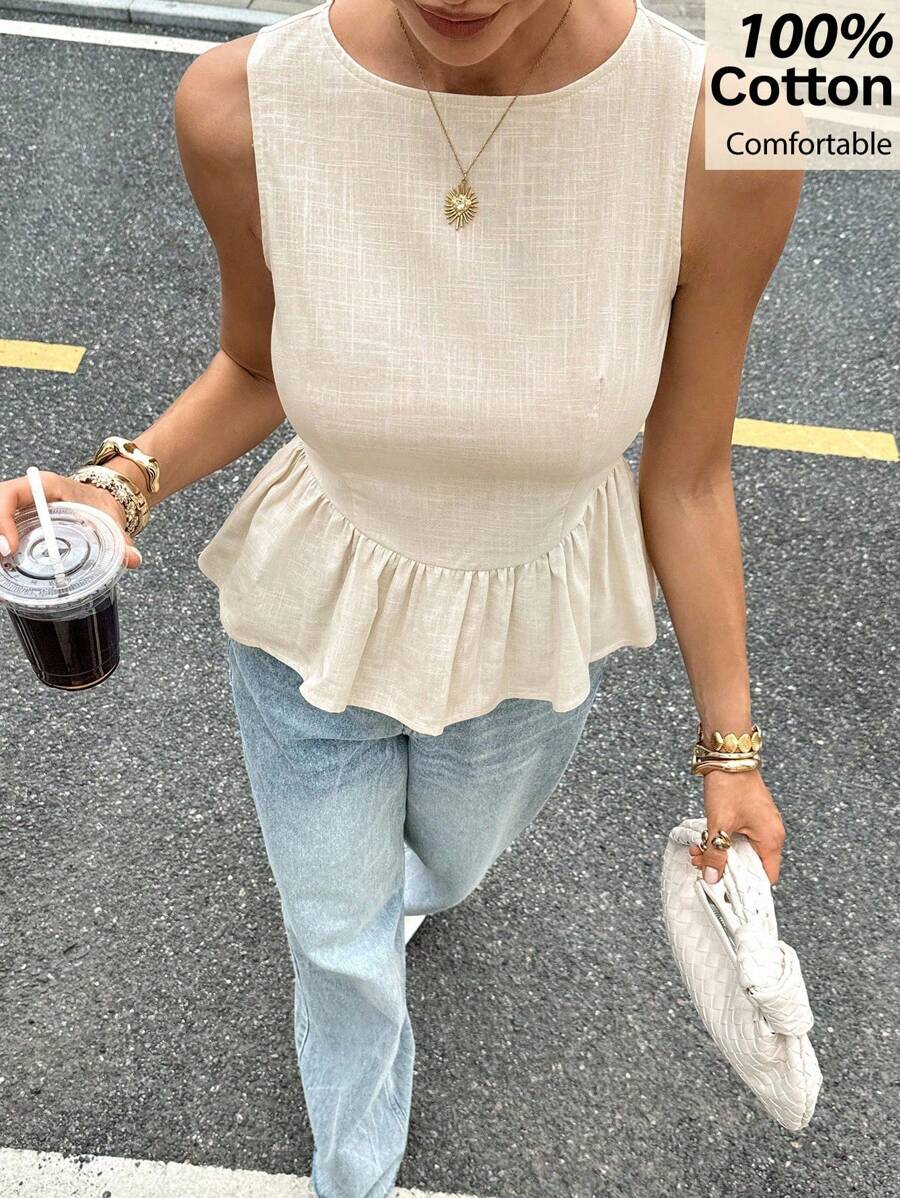 Siren Gaze 100%纯棉A字腰部上衣，女士可爱上衣，返校季服装，新款时尚女士休闲上衣，夏季休闲款 - 杏色 - 查看 1