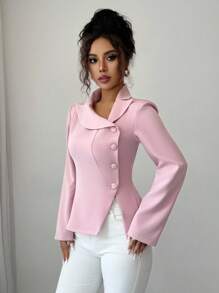 Elenzga Blazer élégant et mode pour femme, style décontracté pour le travail, avec une conception de col asymétrique, manches longues et ouverture sur le côté de la taille, en couleur unie