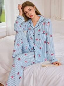Dream Adore Set pigiama da donna con stampa a righe, fiocco e bavero, maniche lunghe, colore blu, abbigliamento autunnale - Multicolore - Visualizzare 5