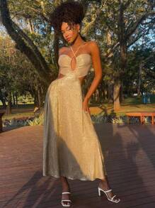 DAZY 女士度假风格细肩带露背婚纱女装 - 金色 - 查看 4