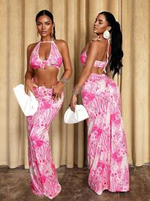 Sirith Summer New Vacation 3D Floral Decor Splicing Design Sexy V-Neck Spaghetti Strap Camisole + Low-Waist Ruched Form-Fitting Mermaid Maxi Skirt 2Pcs Set For Women - Multicolor - View 1