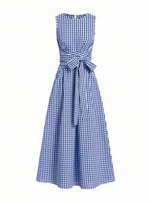 Ellevyn 女士夏季度假野餐格子圆领系腰口袋无袖宽松休闲连衣裙，适合各种场合，休闲通勤和旅行 - 藍白色 - 查看 6