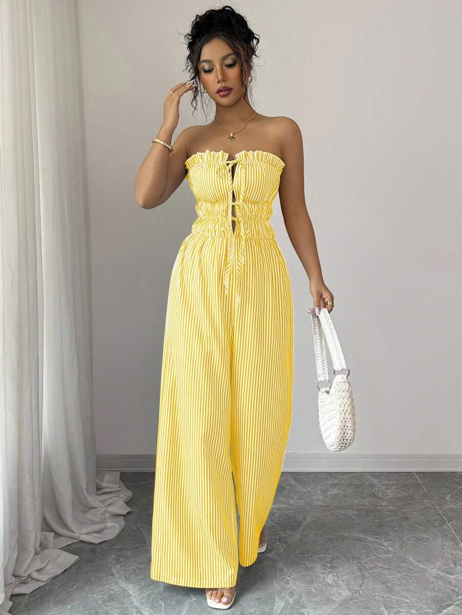 Elenzga Bộ đồ liền thân sọc bandeau thường ngày cho nữ, mùa hè - Màu vàng - Xem 1