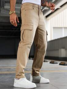 Manfinity Homme Quần Jeans Jeans Cargo Denim Vintage Thường Ngày Cho Nam - Màu be - Xem 4