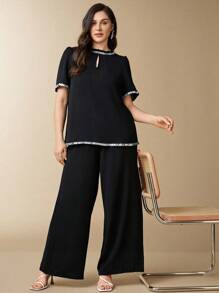 EMERY ROSE Plus Size Black Summer Elegant Formal Evening Wedding 2 Pieces Set, Sequin Ribbon Lantern Sleeve Blouse & Cinched Waist Baggy Pants Party Ladies Outfits - Black - View 5