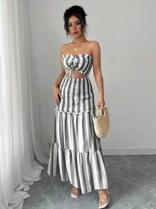 Elenzga 2025 Summer New Arrival Black & White Striped Sexy Elegant Lady Versatile Waist Tie Strapless Sleeveless Dress, Suitable For Dates, Outings, Vacations, Holidays, Independence Day, Back To School, Teacher's Outfit, Weddings, Parties, Music Festivals, Oktoberfest, Halloween, Thanksgiving - Black and White - View 7