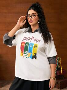 HARRY POTTER X SHEIN Camiseta de Manga Curta com Gola Redonda, Estampa de Letra e Animal Colorido, Plus Size