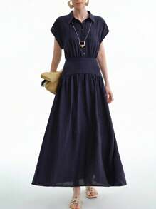 Aalyst 女士简约优雅高端休闲亚麻质感衬衫领前开半开腰收腰 A 字长裙，适合办公室、度假、下午茶、音乐/啤酒节、春夏季 - 藏蓝色 - 查看 5