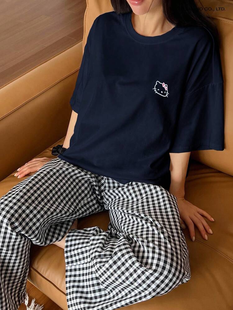 HELLO KITTY | DAZY Women Simple Cartoon Print Decor Loose T-Shirt And Plaid Loose Straight Pants 2-Piece Sleepwear Set Pajama