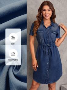 SHEIN LUNE Women Casual Drawstring Waist Button Front Denim Effect Dress, Summer Denim Dress Women Jean Dress Denim Shirt Dress