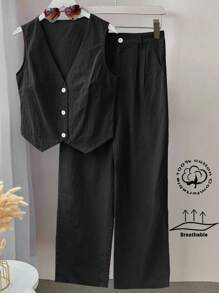 INAWLY 女士修身V領前扣袖口無袖上衣與口袋長褲夏季街頭風格2件裝 - 黑色 - 查看 1