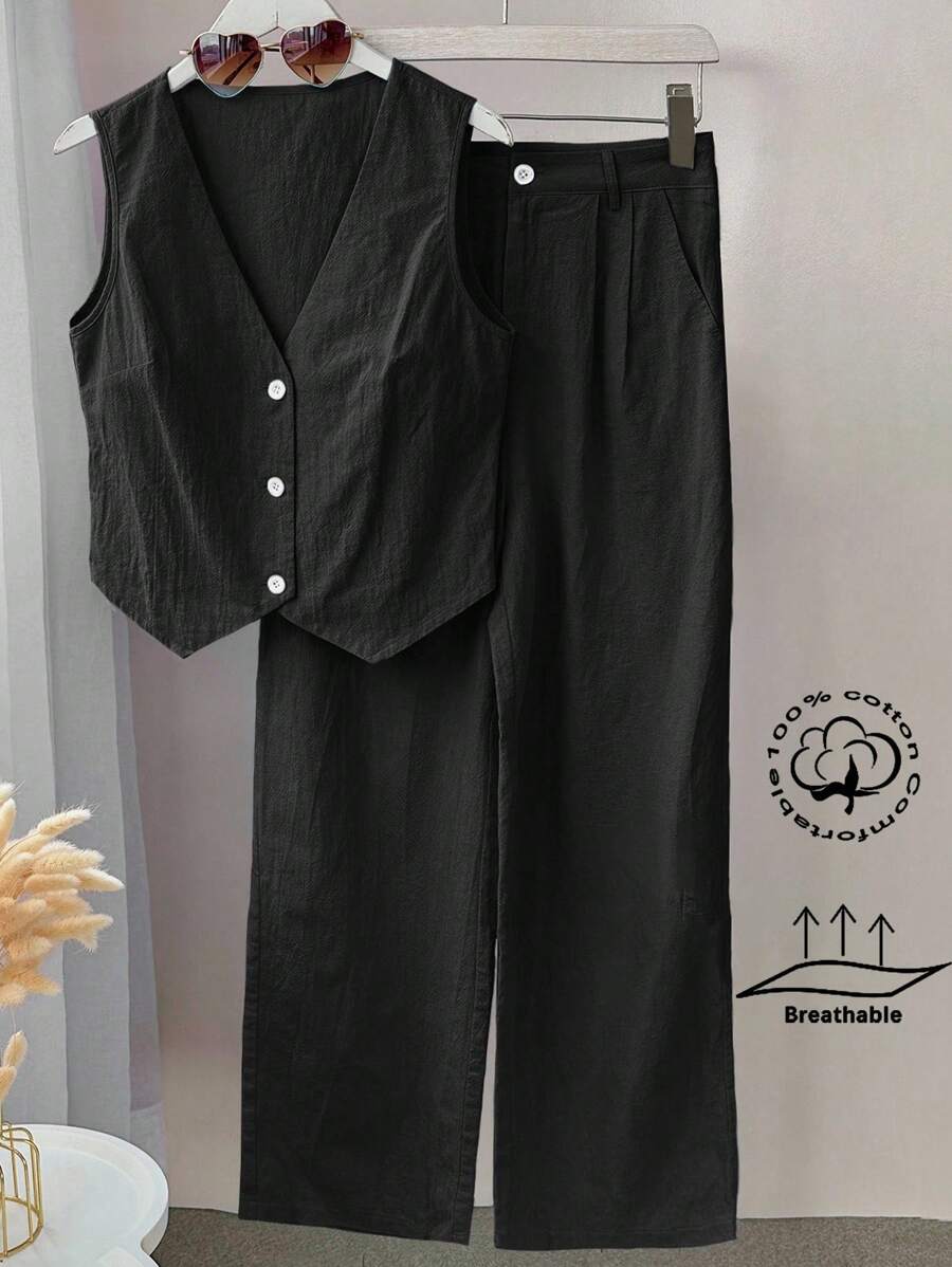 INAWLY 女士修身V領前扣袖口無袖上衣與口袋長褲夏季街頭風格2件裝 - 黑色 - 查看 1