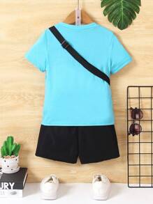 SHEIN Set de 3 piezas para niños pequeños: camiseta casual linda, pantalones cortos y bolsa, estilo deportivo de moda para la calle, para primavera y verano, escapada, vacaciones, viajes, relajación, tomar el sol