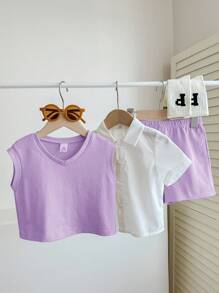3-teiliges Lässig-Set für Baby Jungen: lila & weiße ärmellose Weste, Kurzarmhemd mit Kragen, Shorts - vielseitiges Outfit für Schule, Outdoor, Zuhause