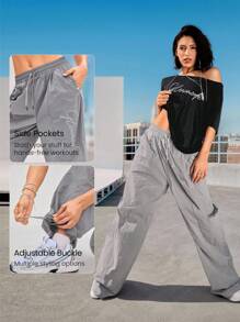 GLOWMODE Quần bó Studio Flow có túi dệt, cạp chun, có thể điều chỉnh độ mở ống quần, phản quang, rộng thùng thình, quá khổ, khiêu vũ, yoga, pilates, barre, trang phục thường ngày hàng ngày của Studio - Xám - Xem 5