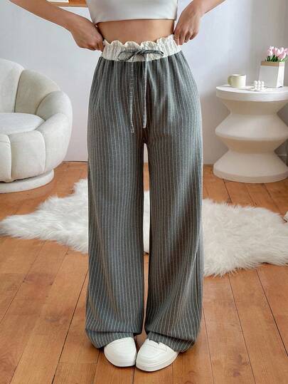 EURMUSE Women Casual Striped Two-Color Belt Detailed Wide Leg Pants, Business Casual Woman Grey Striped Pants Womens Pants Set Two Piece Set Women Summer Pants Set