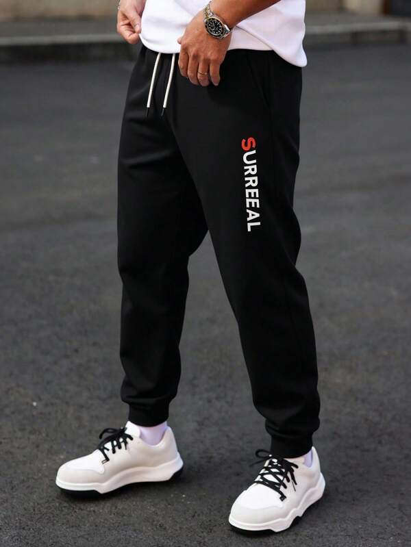RueChic Pantaloni de trening normali pentru bărbați, cu imprimeu de litere și șnur elastic, talie înaltă