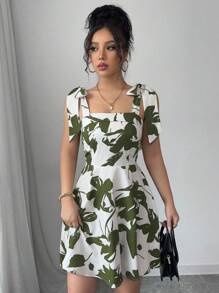 Elenzga 女式休闲时尚全身印花宽肩带束腰宽松吊带连衣裙 - 軍綠色 - 查看 6