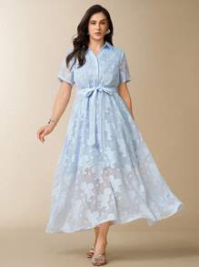 Flouryn 大码女式 Polo 领短袖雪纺连衣裙，新款时尚提花宽松 A 字裙 - 藍色 - 查看 3