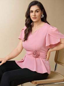 SHEIN Clasi Ladies' Casual Elegant Petal Short Sleeve Cut-Out V-Neck 3D Floral Belt Elastic Waist Ruffle Hem Blouse Top And Elastic Waist Flare Leg Pants 2 Pieces Set, Plus Size, Fall Women Clothes Fall Clothes Fall Women Outfits - Dusty Pink - View 7