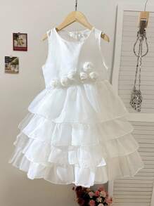 SHEIN Tween Girls' Elegant Round Neck Sleeveless Dress With 3D Floral Decoration - White - View 3