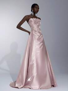 Elitara Minimalist Futuristic Liquid Satin Pleated A-Line Hem Banquet Dress, Light Dress, Formal Dress - Dusty Pink - View 2